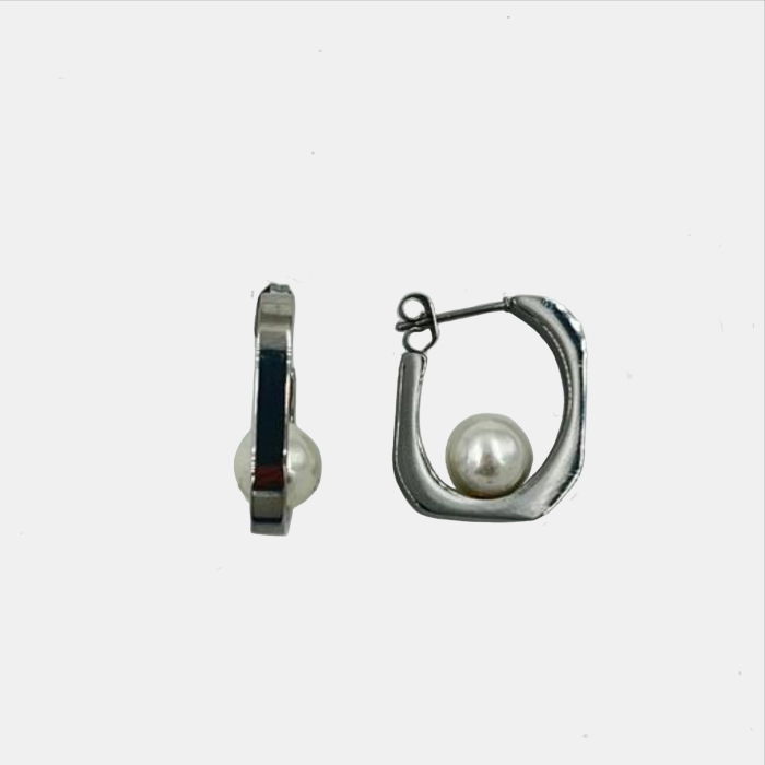 Cercei argintii geometrici, din otel inoxidabil, cu perlă [1]