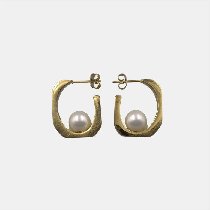 Cercei aurii geometrici, din otel inoxidabil, cu perla