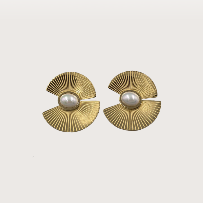 Cercei aurii statement, din otel inoxidabil, evantai cu perla