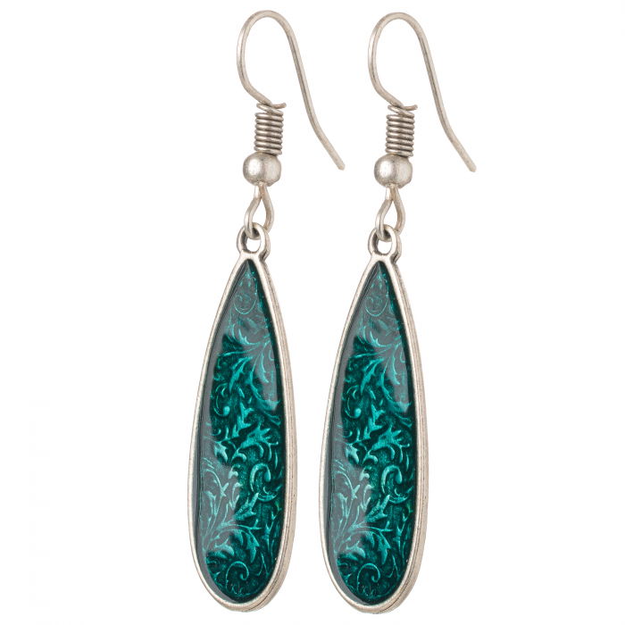 Cercei cu forma de picatura din zamac cu o fata gravata si una emailata turcoaz [2]