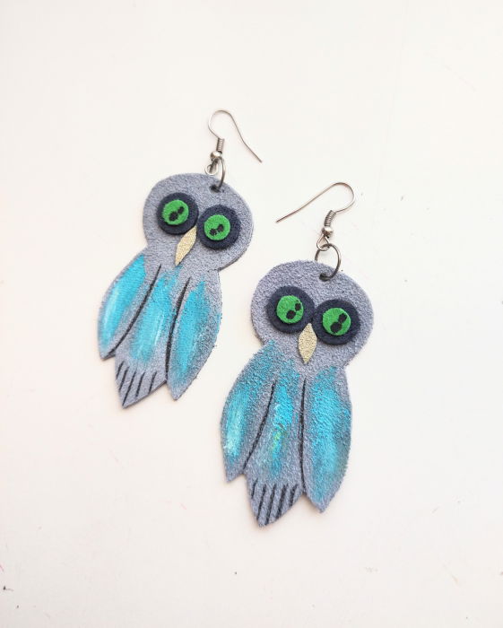 Cercei din piele naturală , bufniță pictată [2]