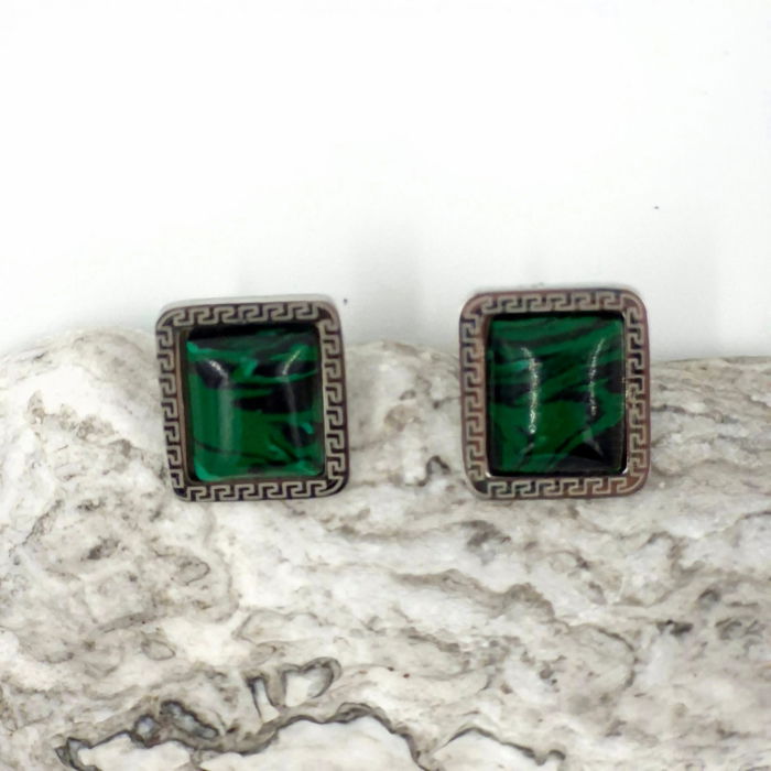 Cercei eleganti din otel inoxidabil cu piatra naturala malachit