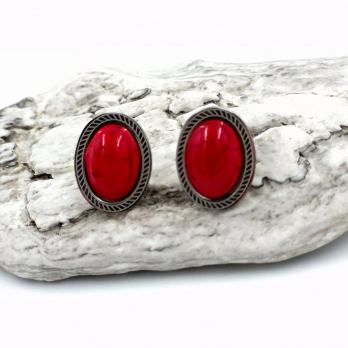 Cercei ovali, eleganti, din otel inoxidabil cu coral rosu