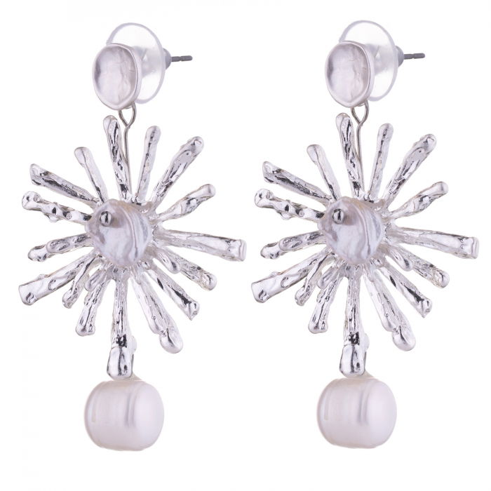 Cercei metalici argintii in forma de soare stilizat cu perle [2]