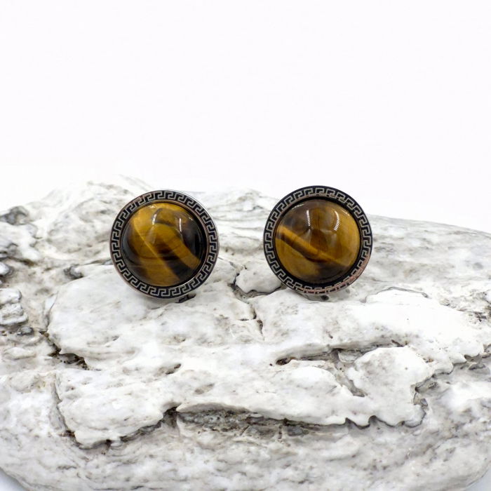 Cercei rotunzi, eleganti, din otel inoxidabil cu piatra naturala ochi de tigru [2]