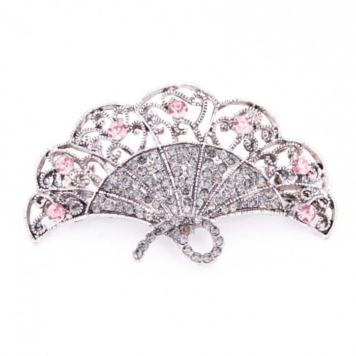 Clama medie metalica cu forma de evantai argintiu cu pietre decorative argintii si roz [2]