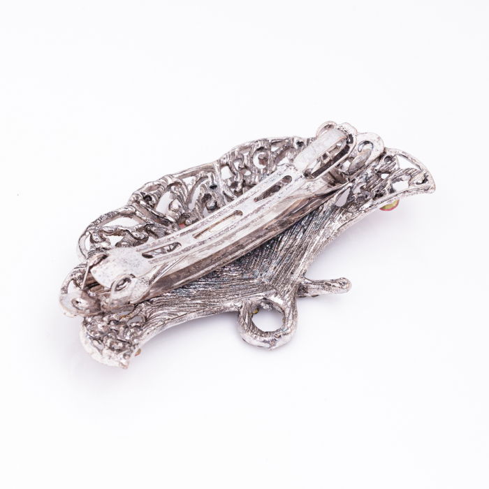 Clama medie metalica cu forma de evantai argintiu cu pietre decorative argintii si roz [3]