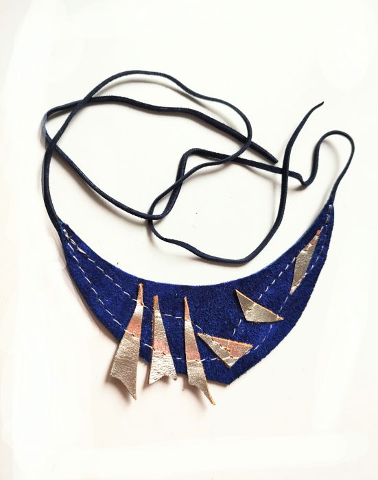 Colier albastru electric  statement din piele naturala, spirit festiv ,unicat [1]