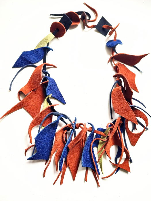 Colier asimetric multicolor realizat din mix piele naturala,nuante  caramiziu albastru electric [2]