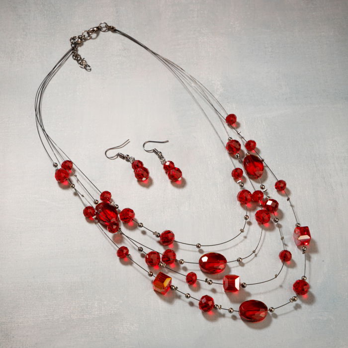 Set colier multi-sir cu cristale rosii si cercei asortati [3]