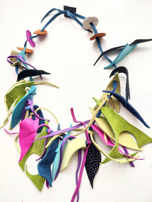 Colier multicolor handmade din piele naturala, asimetric, unicat