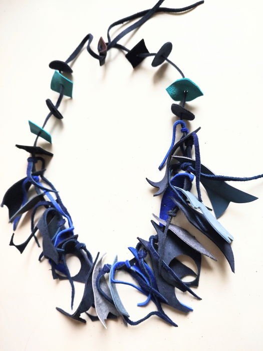 Colier handmade  din piele naturala, asimetric, nuante albastru bleumarin  ,unicat [2]