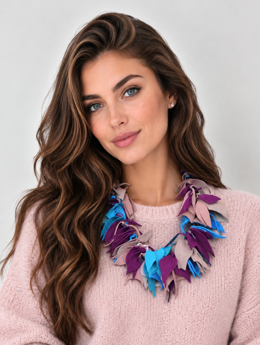 Colier handmade unicat din piele naturala, roz pudra,mov,turcoaz