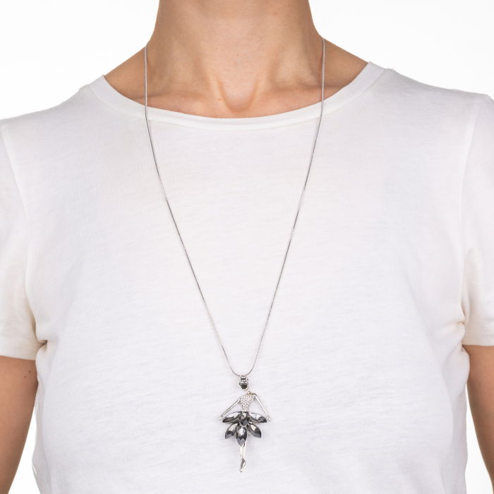 Colier lung cu pandantiv balerina cu corasaj argintiu si fusta din pietre argintii [2]
