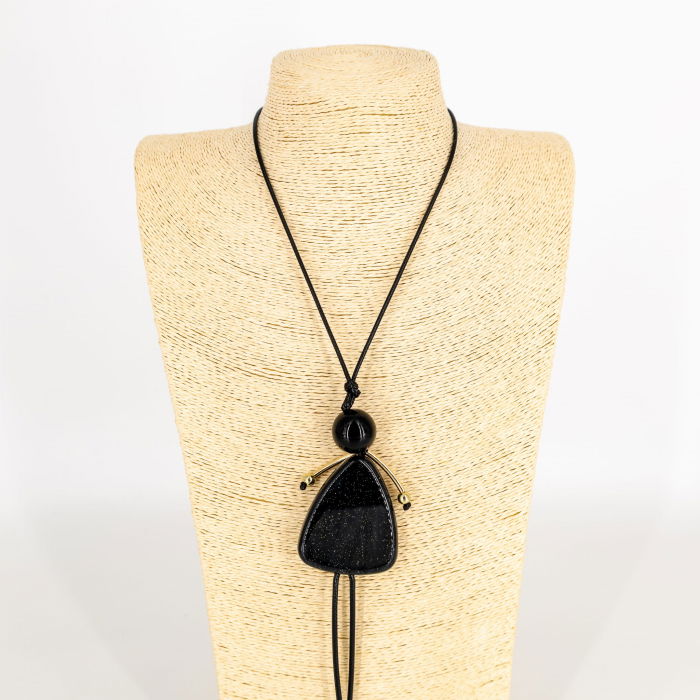 Colier lung minimalist cu papusa pe un snur reglabil, negru cu auriu [4]