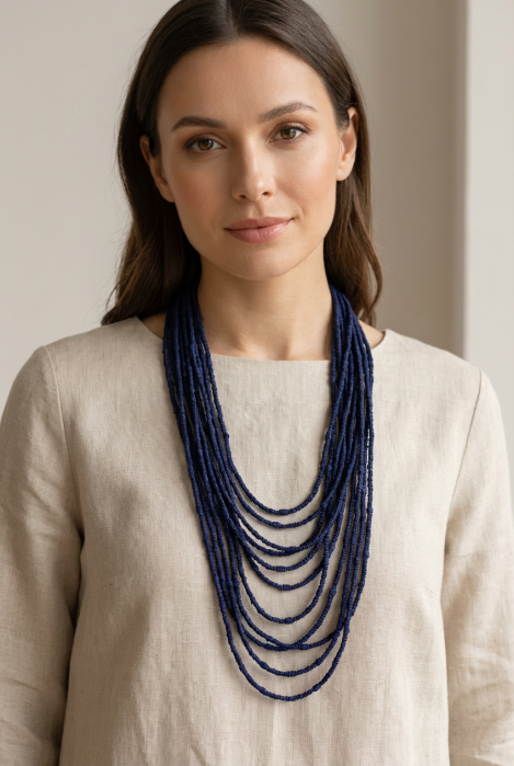 Colier lung multișir bleumarin textil – design fluid, elegant [2]