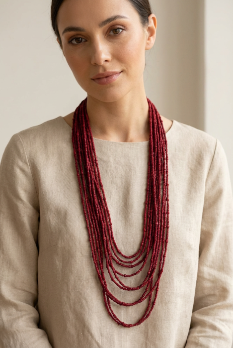 Colier lung multișir bordo textil – design fluid, elegant [2]