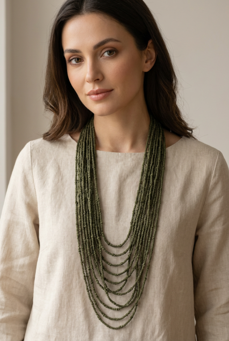Colier lung multișir kaki textil – design fluid, elegant [2]