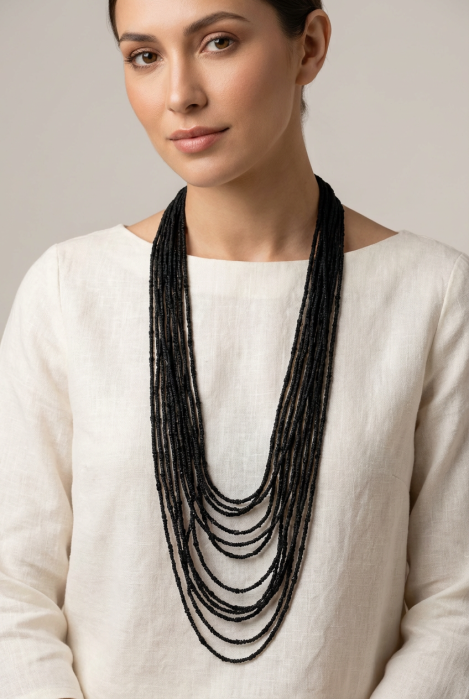 Colier lung multișir negru textil – design fluid, elegant [2]