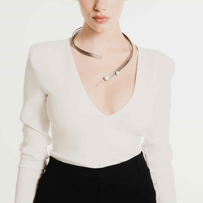 Colier triplu rigid Buttress cu perla, din alama placat cu gun metal [2]