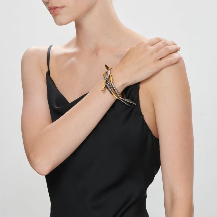 Bratara dubla Moat cu piese liniare si neregulate, din alama placata cu aur de 24k si gun metal [2]