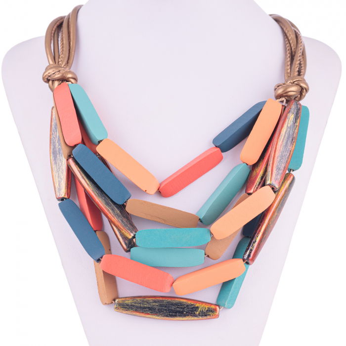 Colier multicolor din lemn corai, portocaliu si turcoaz [1]