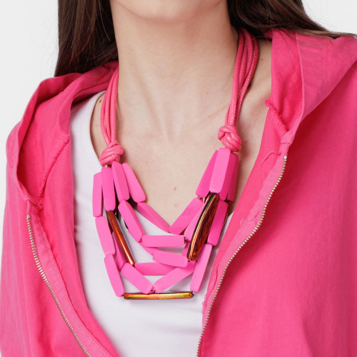 Colier multicolor din lemn fucsia mat [4]