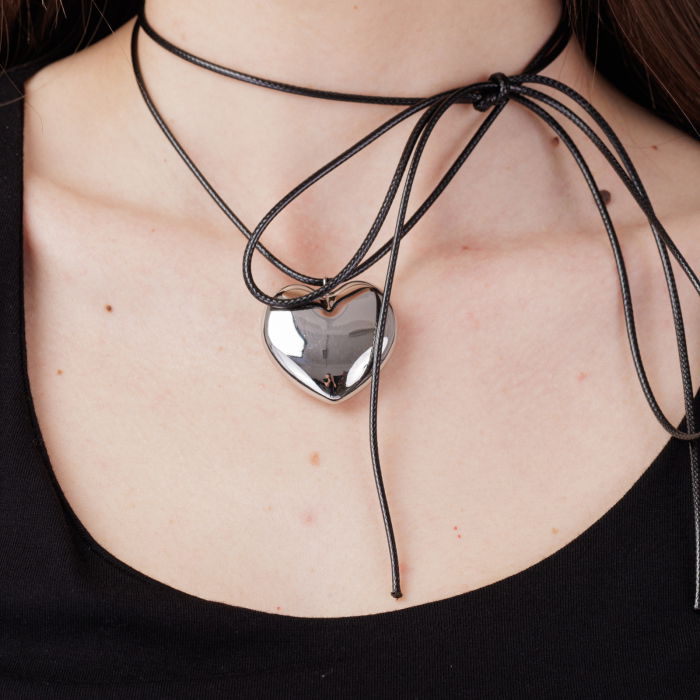 Colier reglabil in forma de inima din otel inoxidabil argintiu [3]