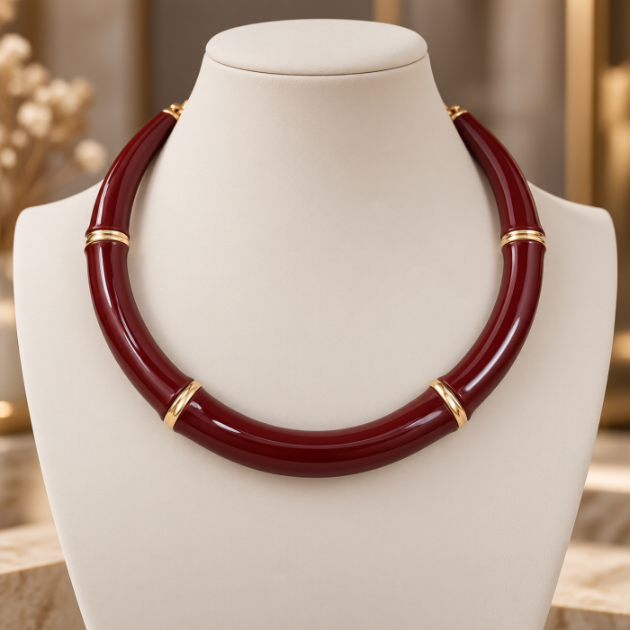 Colier statement cu design sculptural, bordo cu auriu