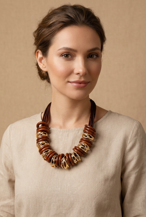 Colier statement cu elemente din lemn si metal auriu pe fire textile bordo [3]