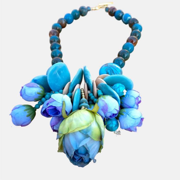 Colier statement cu flori decorative 3D si elemente turcoaz – design artistic [2]