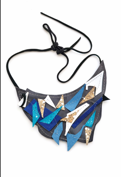 Colier statement din piele naturala ,nuante de turcoaz ,bleumarin