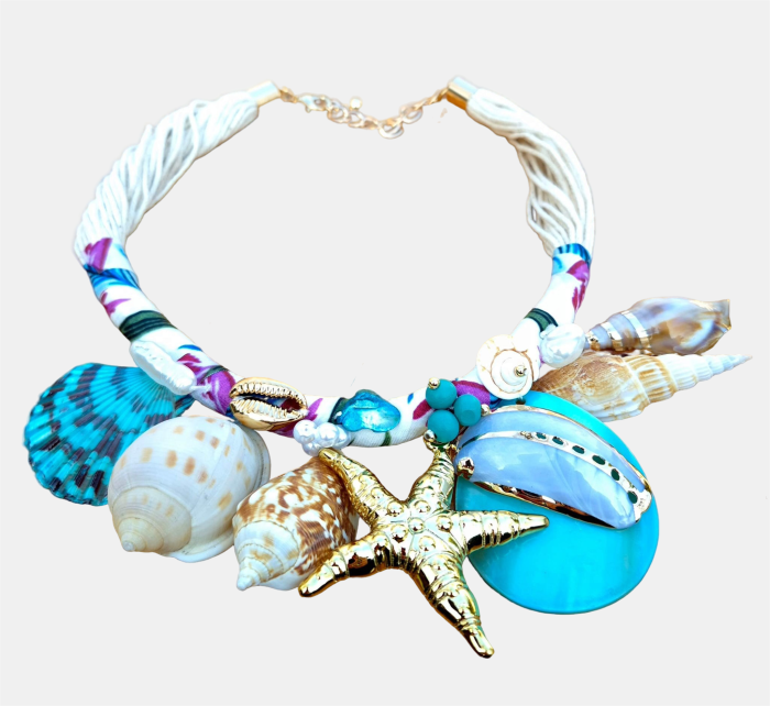 Colier statement marin turcoaz cu scoici naturale si stea de mare aurie – design resort [2]
