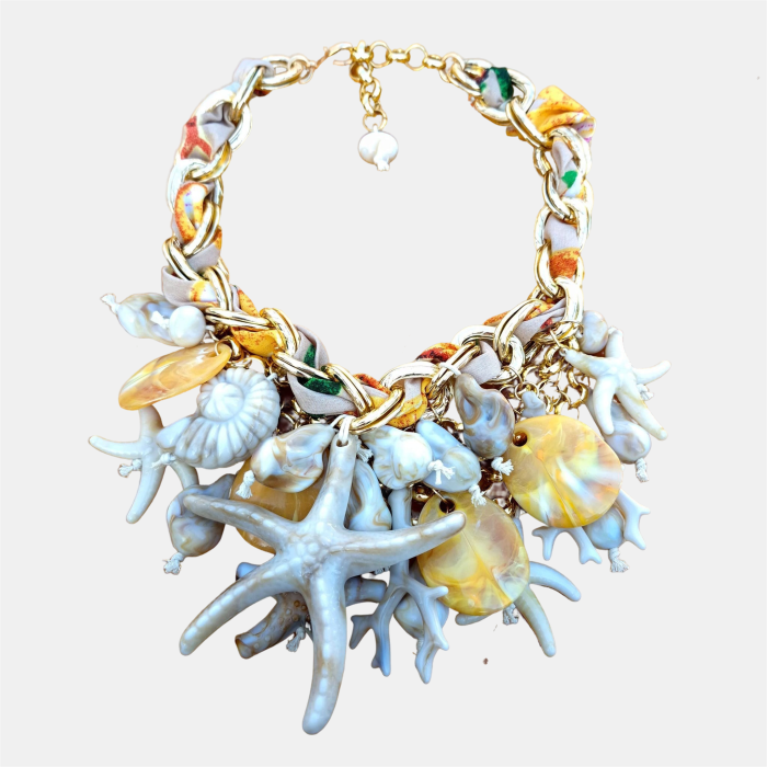 Colier statement marin galben cu stele de mare si scoici – design resort glam [2]