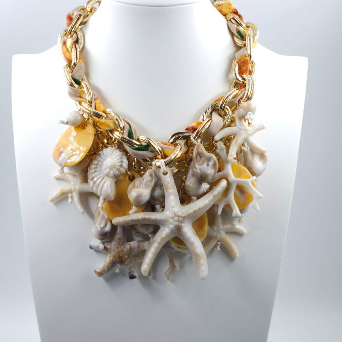 Colier statement marin galben cu stele de mare si scoici – design resort glam [4]
