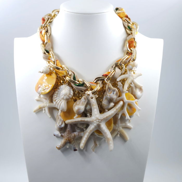 Colier statement marin galben cu stele de mare si scoici – design resort glam [3]