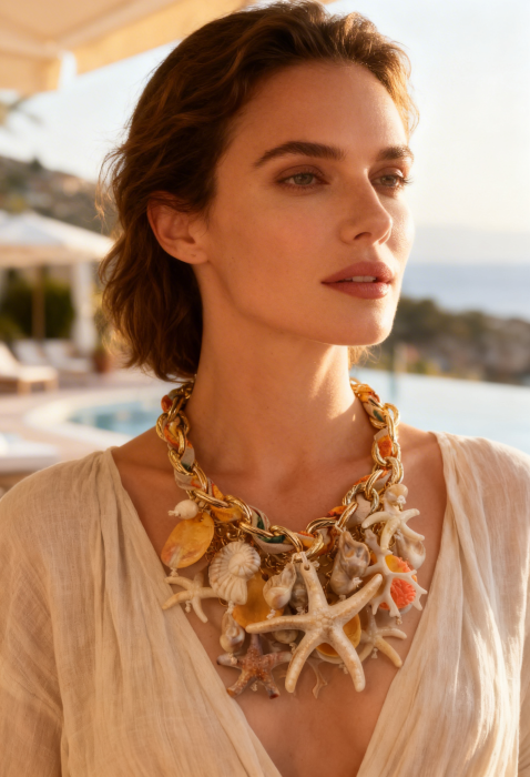 Colier statement marin galben cu stele de mare si scoici – design resort glam [1]