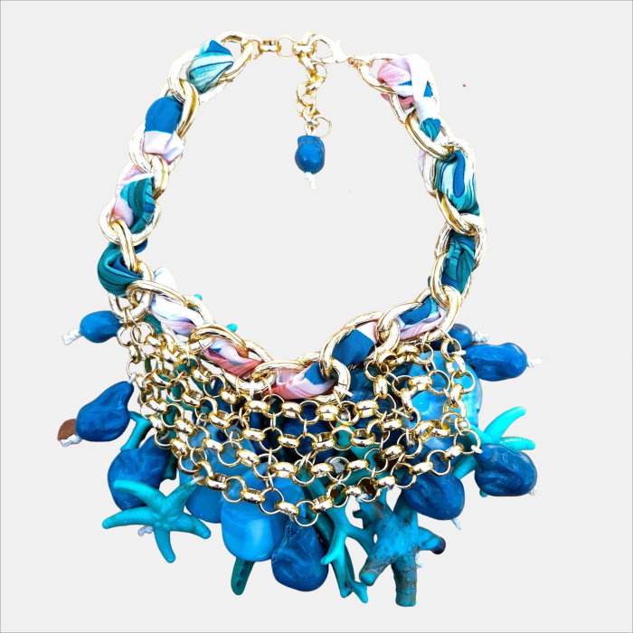 Colier statement marin turcoaz cu stele de mare si scoici – design resort glam [3]