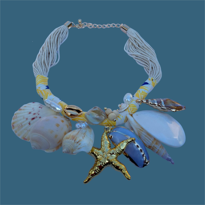 Colier statement marin galben, cu scoici naturale si stea de mare aurie – design resort [2]