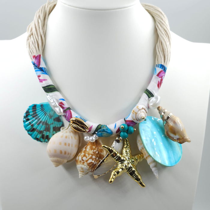 Colier statement marin turcoaz cu scoici naturale si stea de mare aurie – design resort [2]