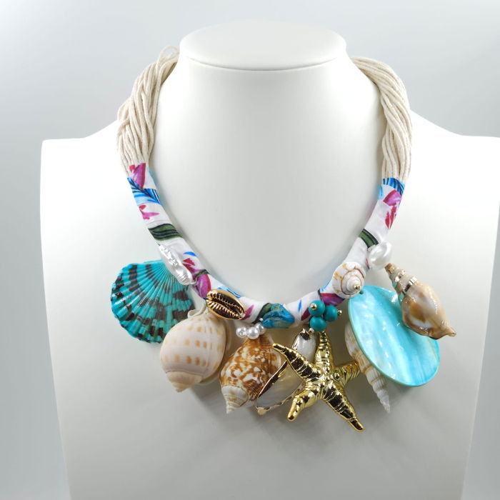 Colier statement marin turcoaz cu scoici naturale si stea de mare aurie – design resort [6]