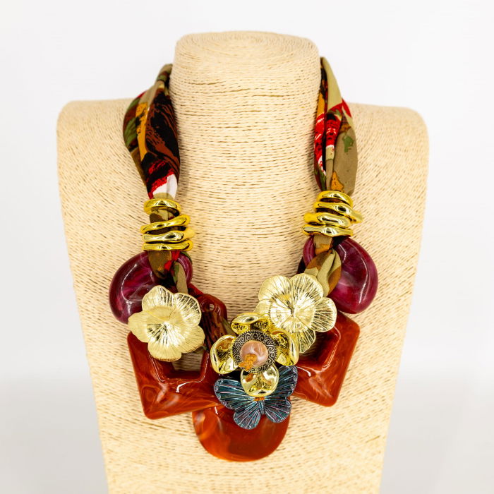 Colier statement rosu caramiziu cu flori aurii și fluture – stil italian [2]