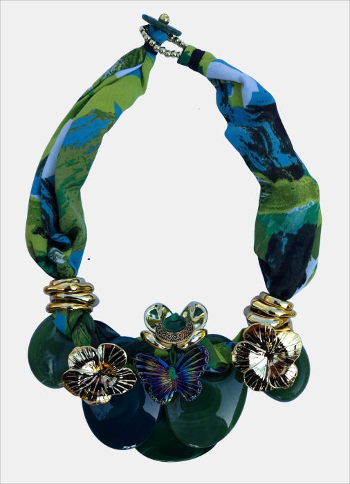 Colier statement verde cu flori aurii și fluture – stil italian [2]
