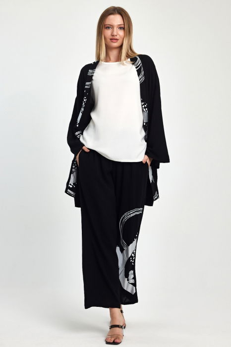 Compleu 3 piese cu bluza alba, pantaloni si blazer negre cu imprimeu argintiu metalizat [8]