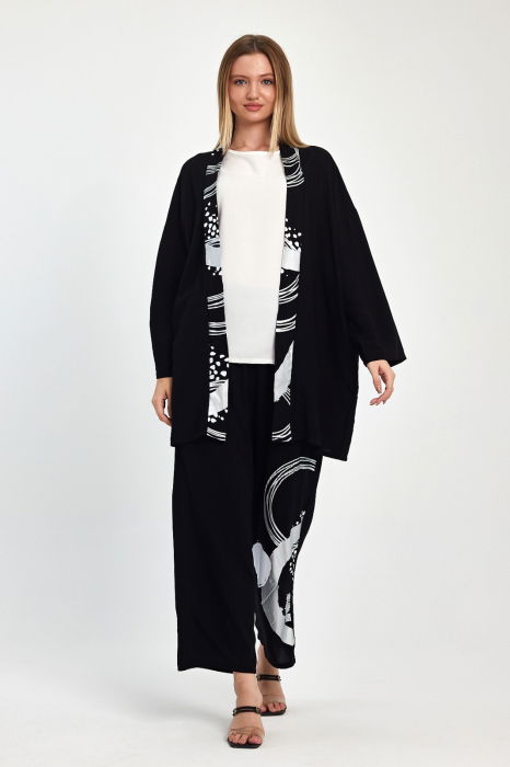 Compleu 3 piese cu bluza alba, pantaloni si blazer negre cu imprimeu argintiu metalizat [3]