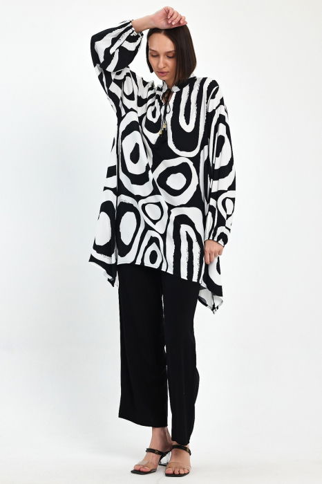 Compleu cu bluza lunga tip tunica si pantaloni, negru cu alb [8]