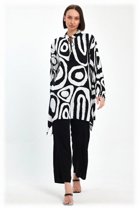 Compleu cu bluza lunga tip tunica si pantaloni, negru cu alb [2]