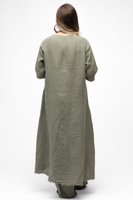 Compleu cu flori aplicate din in, cu bluza tunica mai lunga in spate si pantaloni, kaki [5]