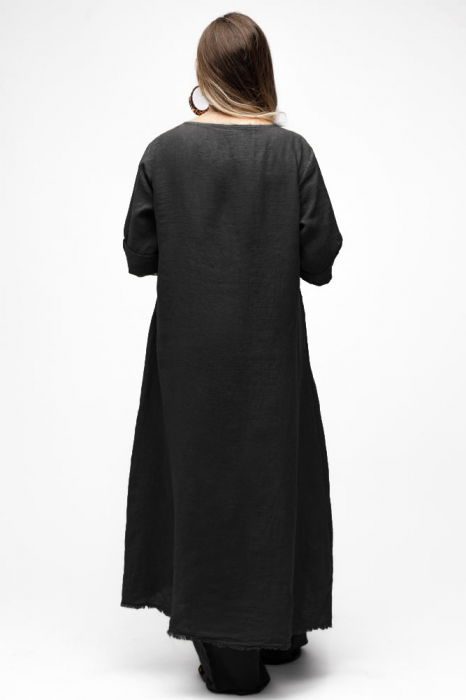 Compleu cu flori aplicate din in, cu bluza tunica mai lunga in spate si pantaloni, negru [3]