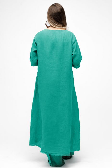 Compleu cu flori aplicate din in, cu bluza tunica mai lunga in spate si pantaloni, turcoaz [3]